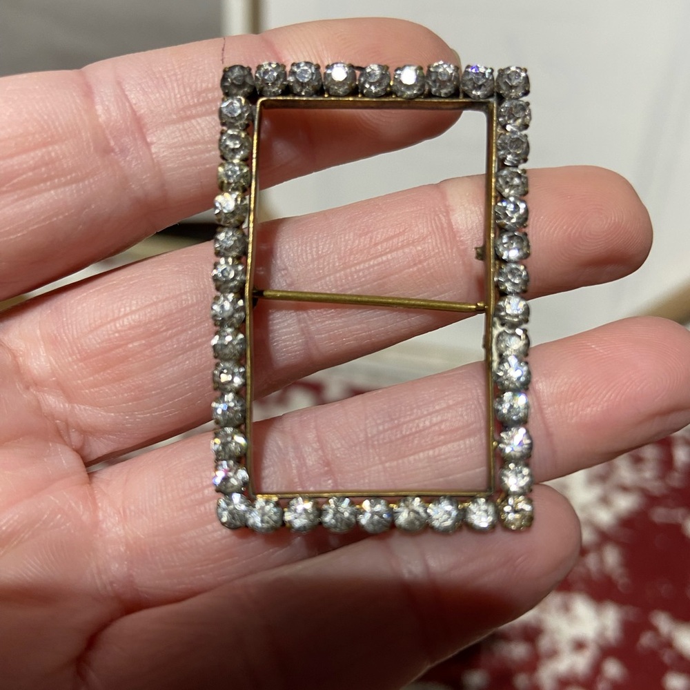 Vintage Rhinestone Rectangle Brooch Pin Brass Tone Art Nouveau Geometric